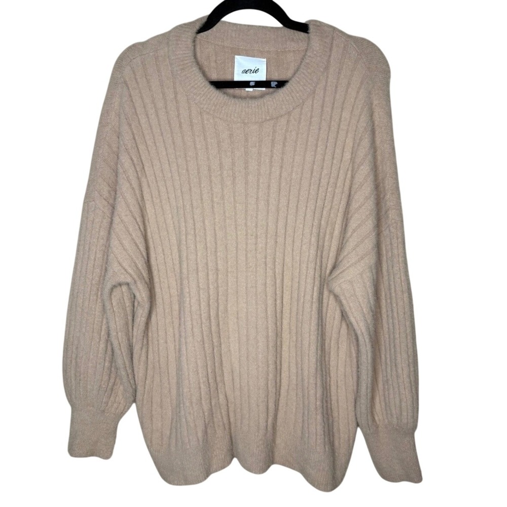 Aerie Women Tan Ribbed Oversized Crewneck Sweater Large Minimalist